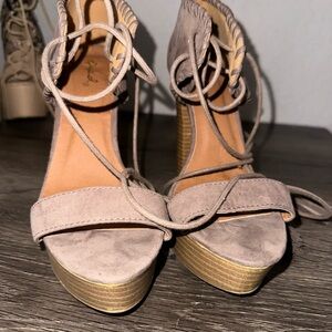Qupid Taupe Suede Lace-Up Platform Heels